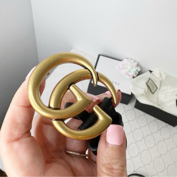 Gucci GG Thin Leather Belt with Double G Buckle Black Gold 70 - Picture 6 of 8